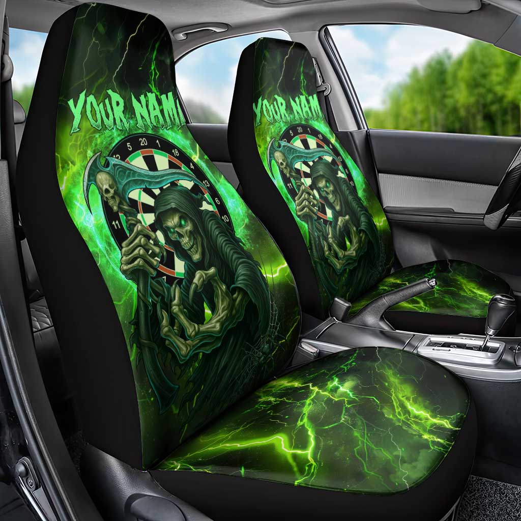Grim Reaper and Dartboard Darts Car Seat Cover with Green Lightning Background and Custom Team Name - Wonder Print Shop