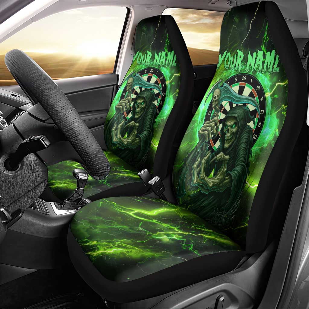 Grim Reaper and Dartboard Darts Car Seat Cover with Green Lightning Background and Custom Team Name - Wonder Print Shop
