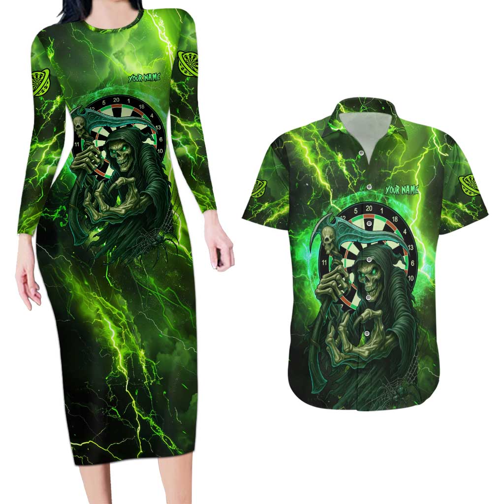 Grim Reaper and Dartboard Darts Couples Matching Long Sleeve Bodycon Dress and Hawaiian Shirt with Green Lightning Background and Custom Team Name - Wonder Print Shop