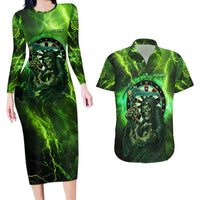 Grim Reaper and Dartboard Darts Couples Matching Long Sleeve Bodycon Dress and Hawaiian Shirt with Green Lightning Background and Custom Team Name - Wonder Print Shop
