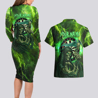 Grim Reaper and Dartboard Darts Couples Matching Long Sleeve Bodycon Dress and Hawaiian Shirt with Green Lightning Background and Custom Team Name - Wonder Print Shop