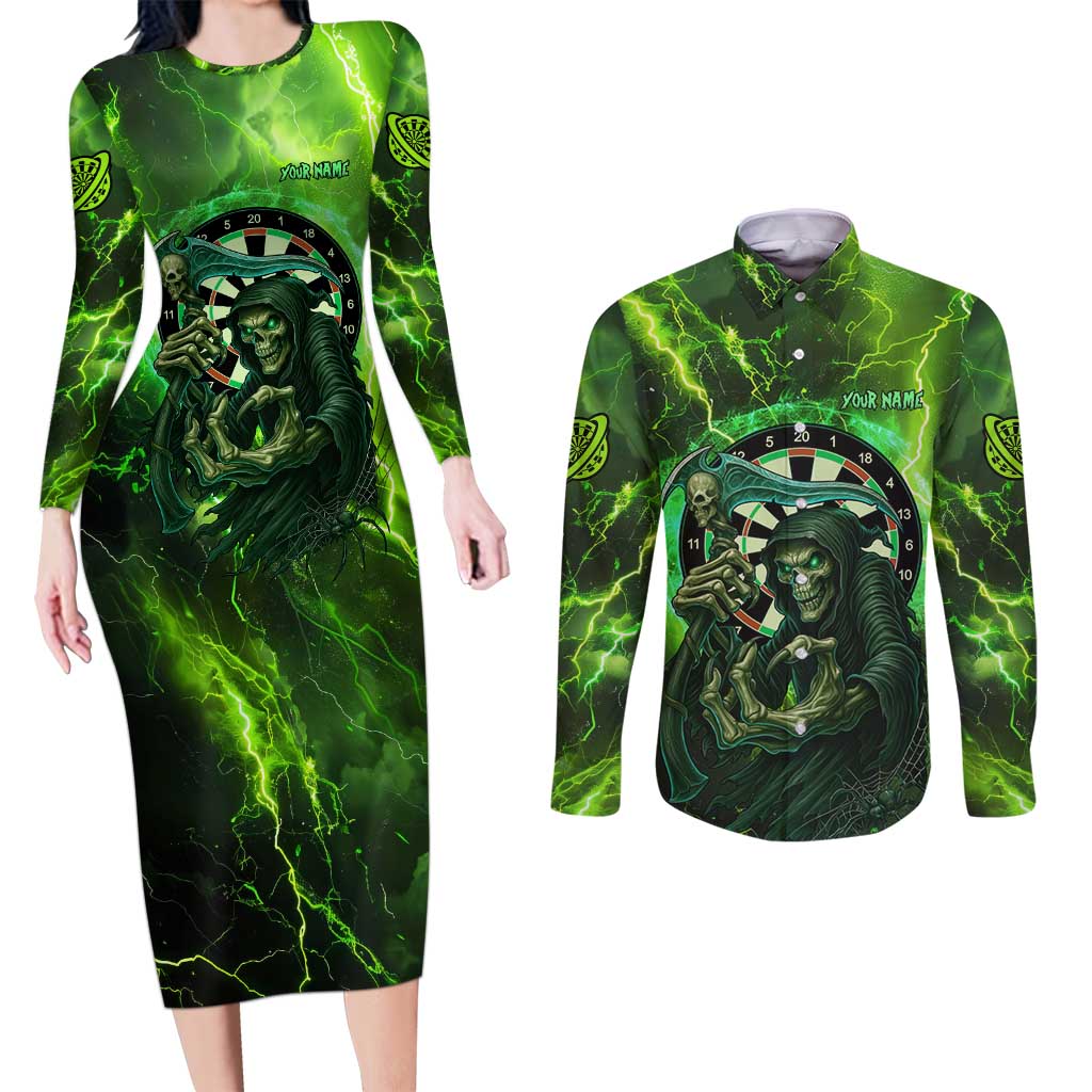Grim Reaper and Dartboard Darts Couples Matching Long Sleeve Bodycon Dress and Long Sleeve Button Shirt with Green Lightning Background and Custom Team Name - Wonder Print Shop