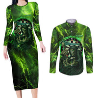 Grim Reaper and Dartboard Darts Couples Matching Long Sleeve Bodycon Dress and Long Sleeve Button Shirt with Green Lightning Background and Custom Team Name - Wonder Print Shop