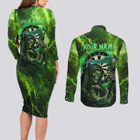 Grim Reaper and Dartboard Darts Couples Matching Long Sleeve Bodycon Dress and Long Sleeve Button Shirt with Green Lightning Background and Custom Team Name - Wonder Print Shop