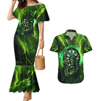 Grim Reaper and Dartboard Darts Couples Matching Mermaid Dress and Hawaiian Shirt with Green Lightning Background and Custom Team Name - Wonder Print Shop