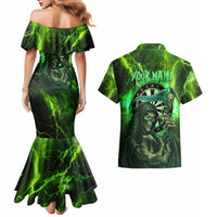 Grim Reaper and Dartboard Darts Couples Matching Mermaid Dress and Hawaiian Shirt with Green Lightning Background and Custom Team Name - Wonder Print Shop