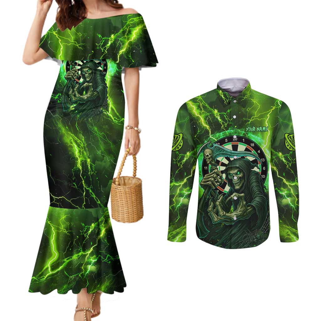 Grim Reaper and Dartboard Darts Couples Matching Mermaid Dress and Long Sleeve Button Shirt with Green Lightning Background and Custom Team Name - Wonder Print Shop