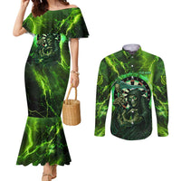 Grim Reaper and Dartboard Darts Couples Matching Mermaid Dress and Long Sleeve Button Shirt with Green Lightning Background and Custom Team Name - Wonder Print Shop