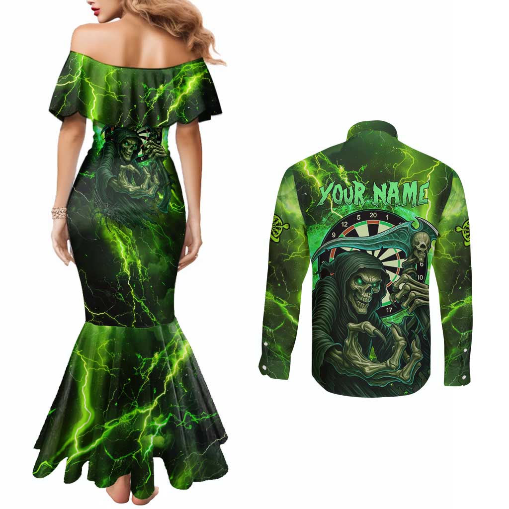 Grim Reaper and Dartboard Darts Couples Matching Mermaid Dress and Long Sleeve Button Shirt with Green Lightning Background and Custom Team Name - Wonder Print Shop