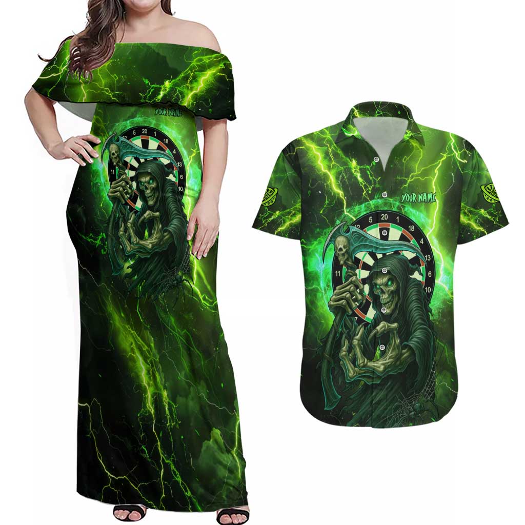 Grim Reaper and Dartboard Darts Couples Matching Off Shoulder Maxi Dress and Hawaiian Shirt with Green Lightning Background and Custom Team Name - Wonder Print Shop