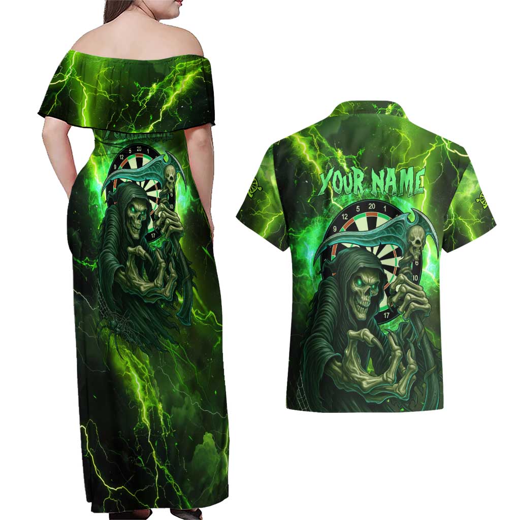 Grim Reaper and Dartboard Darts Couples Matching Off Shoulder Maxi Dress and Hawaiian Shirt with Green Lightning Background and Custom Team Name - Wonder Print Shop