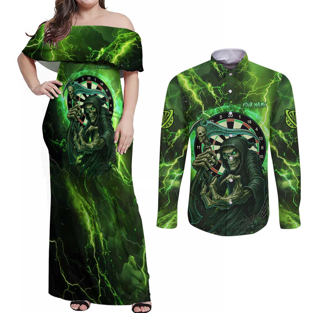 Grim Reaper and Dartboard Darts Couples Matching Off Shoulder Maxi Dress and Long Sleeve Button Shirt with Green Lightning Background and Custom Team Name - Wonder Print Shop