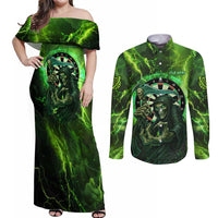 Grim Reaper and Dartboard Darts Couples Matching Off Shoulder Maxi Dress and Long Sleeve Button Shirt with Green Lightning Background and Custom Team Name - Wonder Print Shop