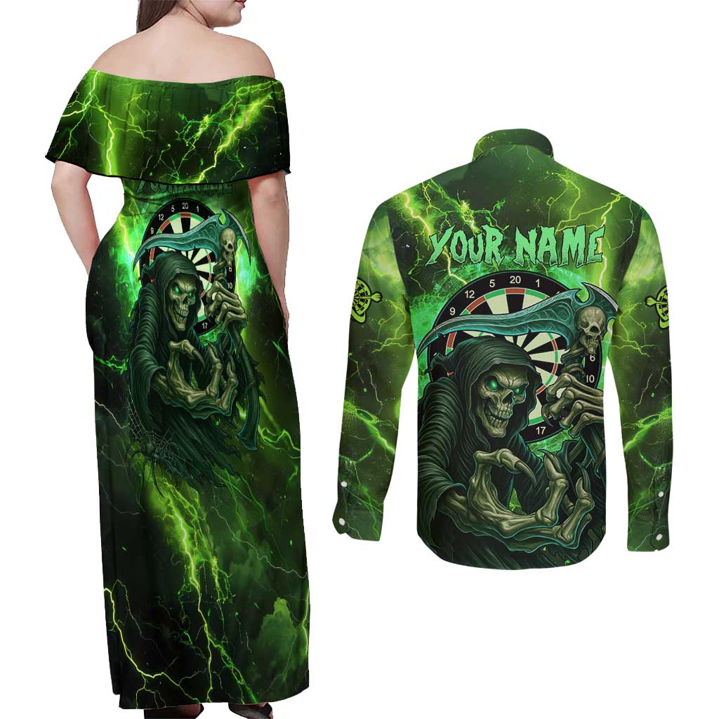 Grim Reaper and Dartboard Darts Couples Matching Off Shoulder Maxi Dress and Long Sleeve Button Shirt with Green Lightning Background and Custom Team Name - Wonder Print Shop