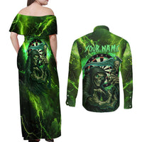 Grim Reaper and Dartboard Darts Couples Matching Off Shoulder Maxi Dress and Long Sleeve Button Shirt with Green Lightning Background and Custom Team Name - Wonder Print Shop