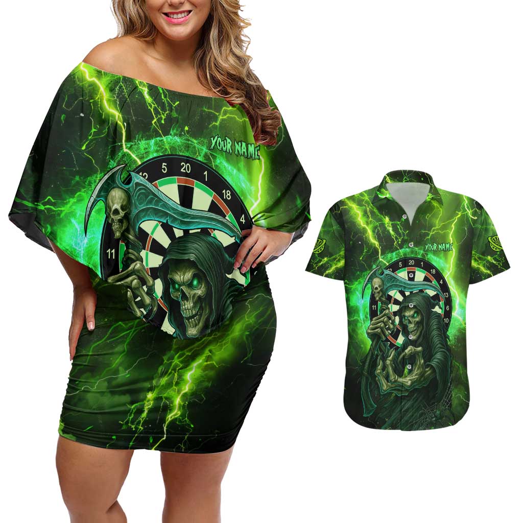Grim Reaper and Dartboard Darts Couples Matching Off Shoulder Short Dress and Hawaiian Shirt with Green Lightning Background and Custom Team Name - Wonder Print Shop