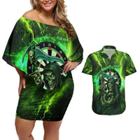 Grim Reaper and Dartboard Darts Couples Matching Off Shoulder Short Dress and Hawaiian Shirt with Green Lightning Background and Custom Team Name - Wonder Print Shop