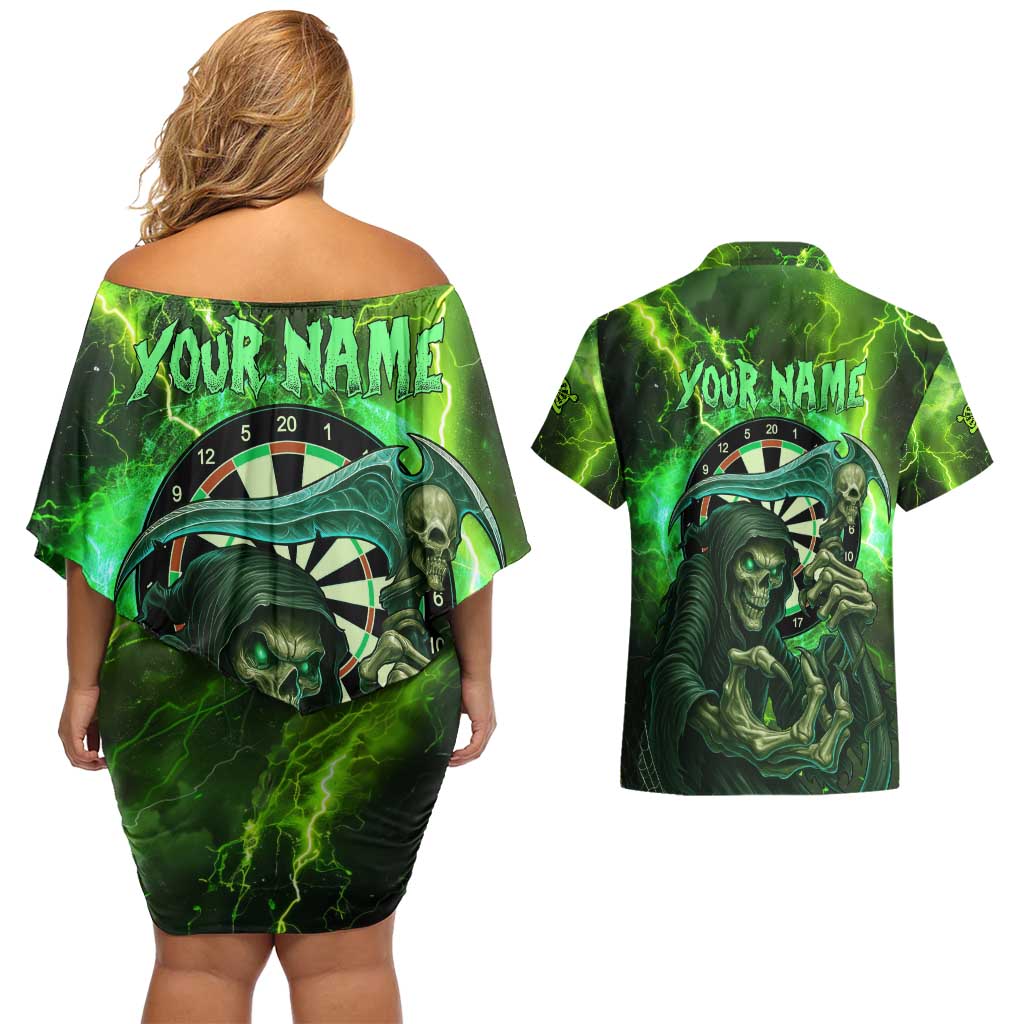 Grim Reaper and Dartboard Darts Couples Matching Off Shoulder Short Dress and Hawaiian Shirt with Green Lightning Background and Custom Team Name - Wonder Print Shop