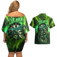 Grim Reaper and Dartboard Darts Couples Matching Off Shoulder Short Dress and Hawaiian Shirt with Green Lightning Background and Custom Team Name - Wonder Print Shop