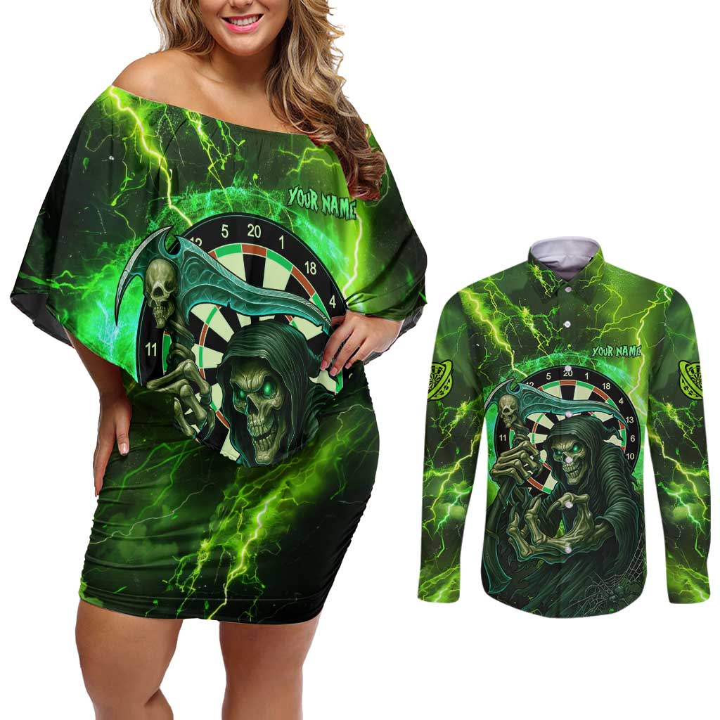 Grim Reaper and Dartboard Darts Couples Matching Off Shoulder Short Dress and Long Sleeve Button Shirt with Green Lightning Background and Custom Team Name - Wonder Print Shop