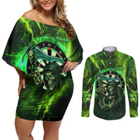 Grim Reaper and Dartboard Darts Couples Matching Off Shoulder Short Dress and Long Sleeve Button Shirt with Green Lightning Background and Custom Team Name - Wonder Print Shop