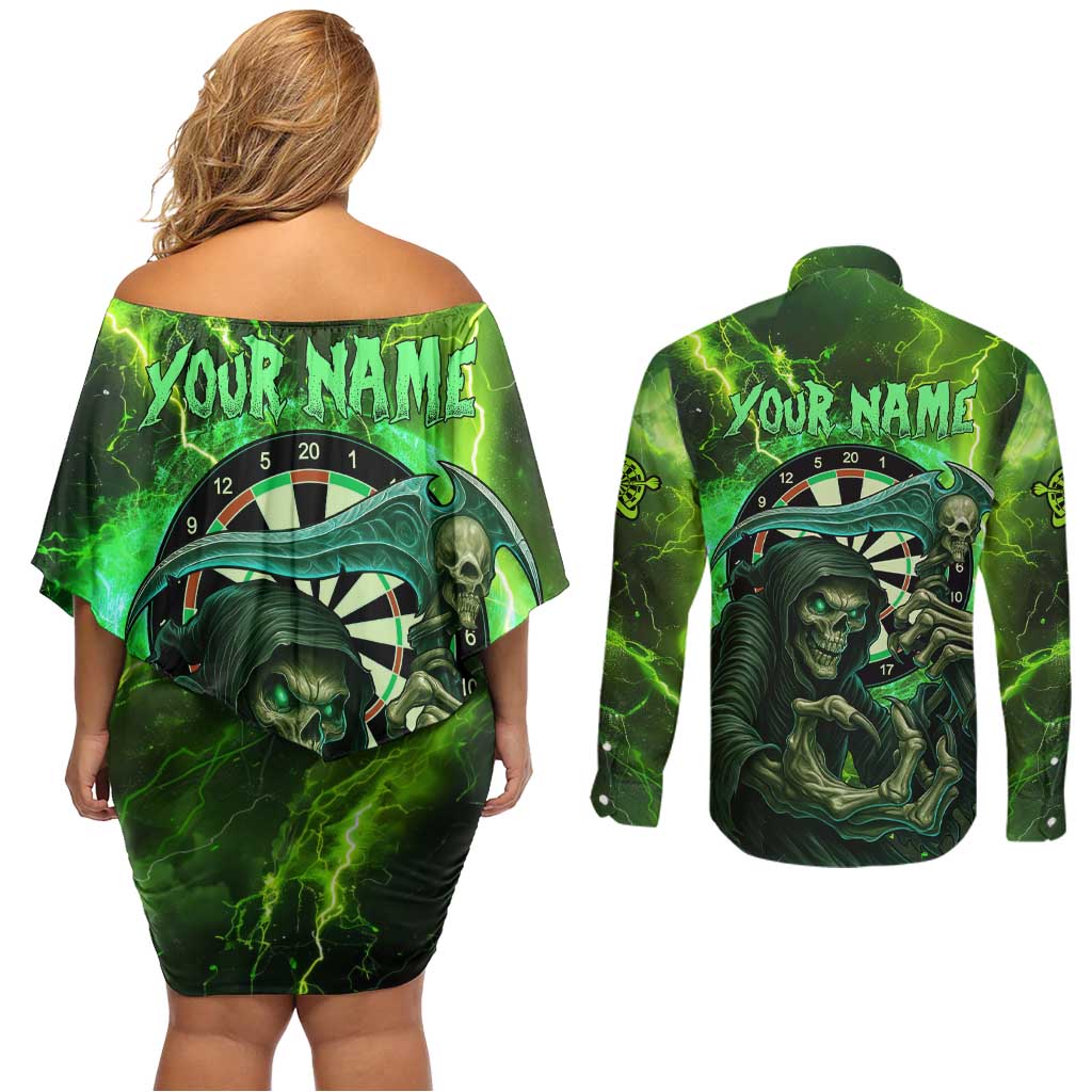 Grim Reaper and Dartboard Darts Couples Matching Off Shoulder Short Dress and Long Sleeve Button Shirt with Green Lightning Background and Custom Team Name - Wonder Print Shop