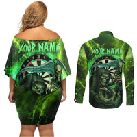 Grim Reaper and Dartboard Darts Couples Matching Off Shoulder Short Dress and Long Sleeve Button Shirt with Green Lightning Background and Custom Team Name - Wonder Print Shop