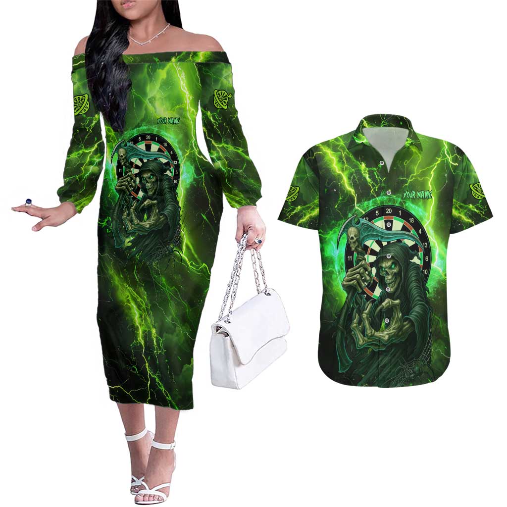 Grim Reaper and Dartboard Darts Couples Matching Off The Shoulder Long Sleeve Dress and Hawaiian Shirt with Green Lightning Background and Custom Team Name - Wonder Print Shop