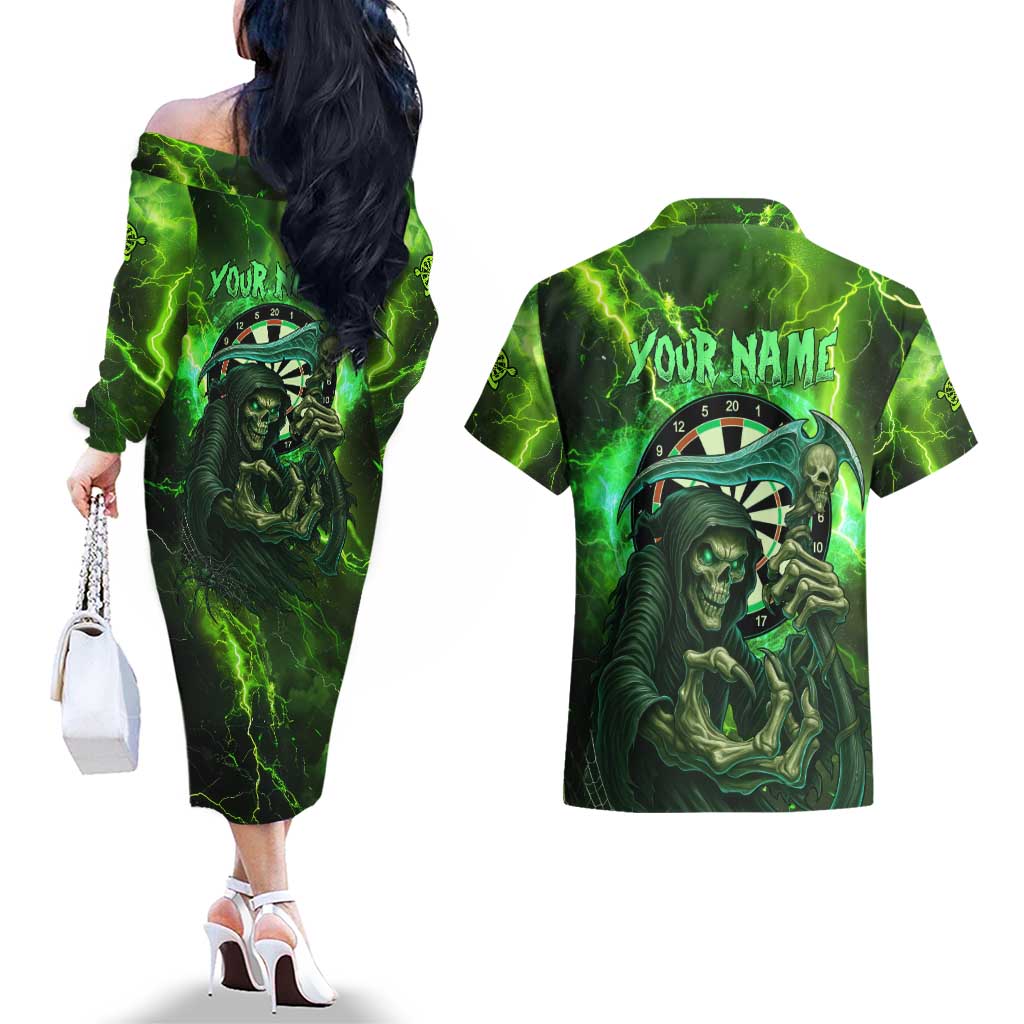 Grim Reaper and Dartboard Darts Couples Matching Off The Shoulder Long Sleeve Dress and Hawaiian Shirt with Green Lightning Background and Custom Team Name - Wonder Print Shop