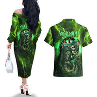 Grim Reaper and Dartboard Darts Couples Matching Off The Shoulder Long Sleeve Dress and Hawaiian Shirt with Green Lightning Background and Custom Team Name - Wonder Print Shop