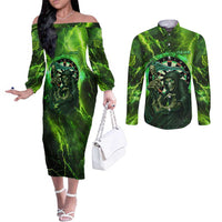 Grim Reaper and Dartboard Darts Couples Matching Off The Shoulder Long Sleeve Dress and Long Sleeve Button Shirt with Green Lightning Background and Custom Team Name - Wonder Print Shop