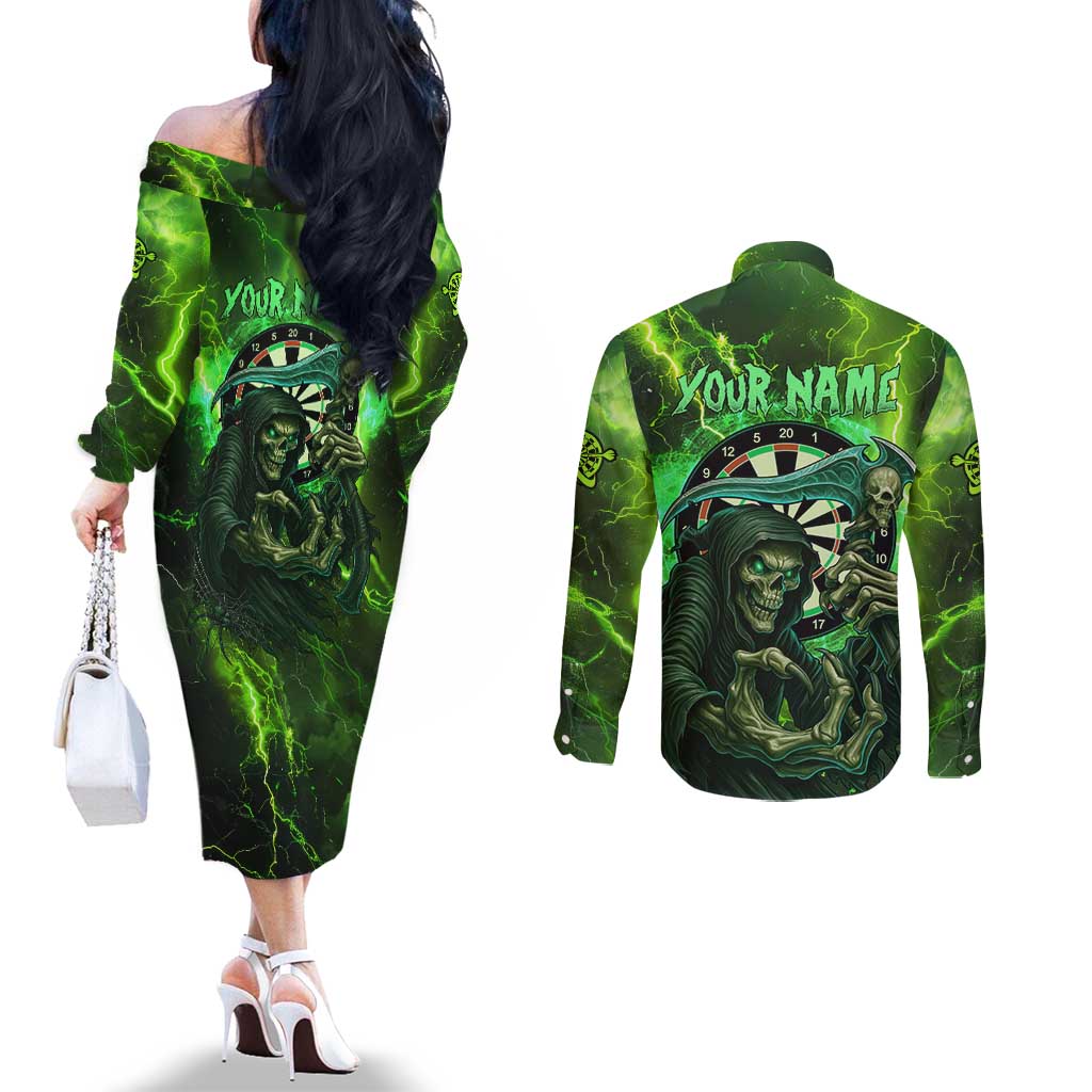 Grim Reaper and Dartboard Darts Couples Matching Off The Shoulder Long Sleeve Dress and Long Sleeve Button Shirt with Green Lightning Background and Custom Team Name - Wonder Print Shop