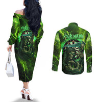 Grim Reaper and Dartboard Darts Couples Matching Off The Shoulder Long Sleeve Dress and Long Sleeve Button Shirt with Green Lightning Background and Custom Team Name - Wonder Print Shop