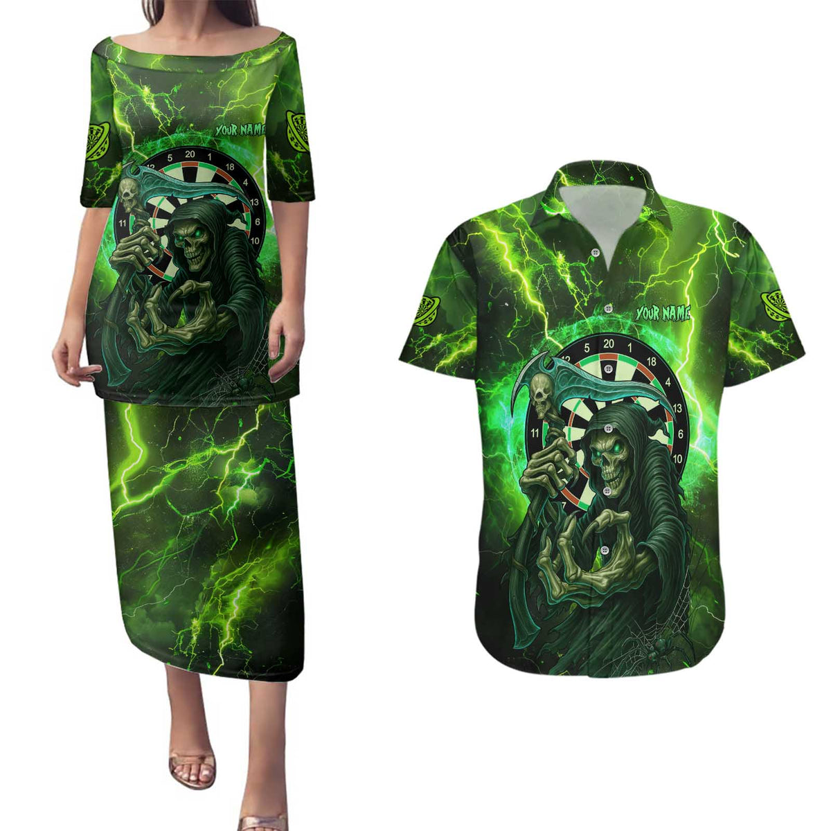 Grim Reaper and Dartboard Darts Couples Matching Puletasi and Hawaiian Shirt with Green Lightning Background and Custom Team Name - Wonder Print Shop