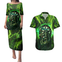 Grim Reaper and Dartboard Darts Couples Matching Puletasi and Hawaiian Shirt with Green Lightning Background and Custom Team Name - Wonder Print Shop