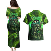 Grim Reaper and Dartboard Darts Couples Matching Puletasi and Hawaiian Shirt with Green Lightning Background and Custom Team Name - Wonder Print Shop