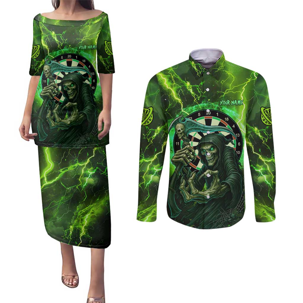 Grim Reaper and Dartboard Darts Couples Matching Puletasi and Long Sleeve Button Shirt with Green Lightning Background and Custom Team Name - Wonder Print Shop