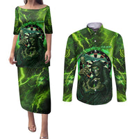 Grim Reaper and Dartboard Darts Couples Matching Puletasi and Long Sleeve Button Shirt with Green Lightning Background and Custom Team Name - Wonder Print Shop