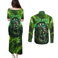 Grim Reaper and Dartboard Darts Couples Matching Puletasi and Long Sleeve Button Shirt with Green Lightning Background and Custom Team Name - Wonder Print Shop