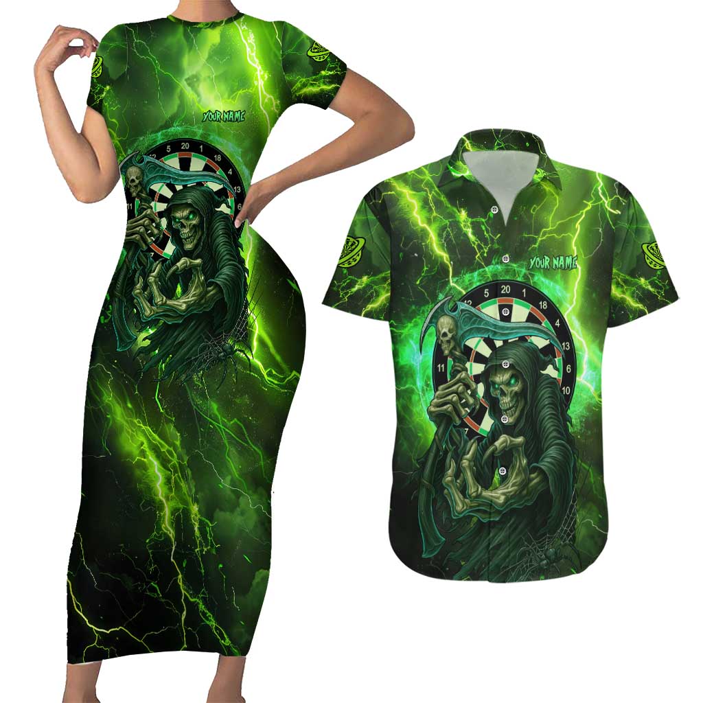 Grim Reaper and Dartboard Darts Couples Matching Short Sleeve Bodycon Dress and Hawaiian Shirt with Green Lightning Background and Custom Team Name - Wonder Print Shop