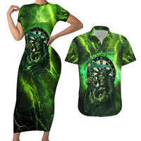 Grim Reaper and Dartboard Darts Couples Matching Short Sleeve Bodycon Dress and Hawaiian Shirt with Green Lightning Background and Custom Team Name - Wonder Print Shop