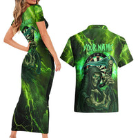 Grim Reaper and Dartboard Darts Couples Matching Short Sleeve Bodycon Dress and Hawaiian Shirt with Green Lightning Background and Custom Team Name - Wonder Print Shop