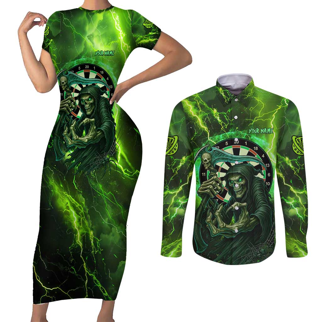 Grim Reaper and Dartboard Darts Couples Matching Short Sleeve Bodycon Dress and Long Sleeve Button Shirt with Green Lightning Background and Custom Team Name - Wonder Print Shop