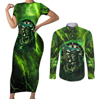 Grim Reaper and Dartboard Darts Couples Matching Short Sleeve Bodycon Dress and Long Sleeve Button Shirt with Green Lightning Background and Custom Team Name - Wonder Print Shop