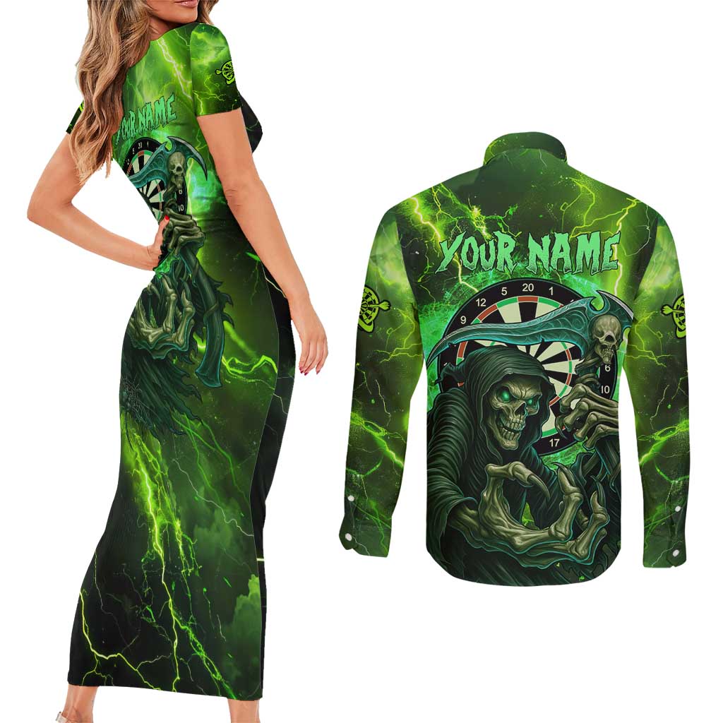 Grim Reaper and Dartboard Darts Couples Matching Short Sleeve Bodycon Dress and Long Sleeve Button Shirt with Green Lightning Background and Custom Team Name - Wonder Print Shop