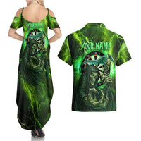 Grim Reaper and Dartboard Darts Couples Matching Summer Maxi Dress and Hawaiian Shirt with Green Lightning Background and Custom Team Name - Wonder Print Shop