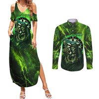 Grim Reaper and Dartboard Darts Couples Matching Summer Maxi Dress and Long Sleeve Button Shirt with Green Lightning Background and Custom Team Name - Wonder Print Shop