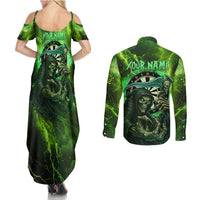 Grim Reaper and Dartboard Darts Couples Matching Summer Maxi Dress and Long Sleeve Button Shirt with Green Lightning Background and Custom Team Name - Wonder Print Shop