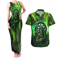 Grim Reaper and Dartboard Darts Couples Matching Tank Maxi Dress and Hawaiian Shirt with Green Lightning Background and Custom Team Name - Wonder Print Shop