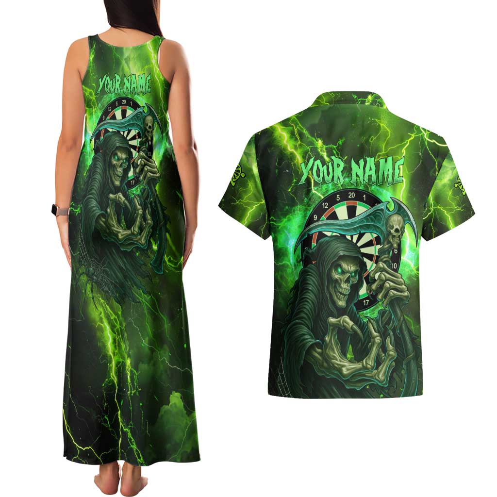 Grim Reaper and Dartboard Darts Couples Matching Tank Maxi Dress and Hawaiian Shirt with Green Lightning Background and Custom Team Name - Wonder Print Shop